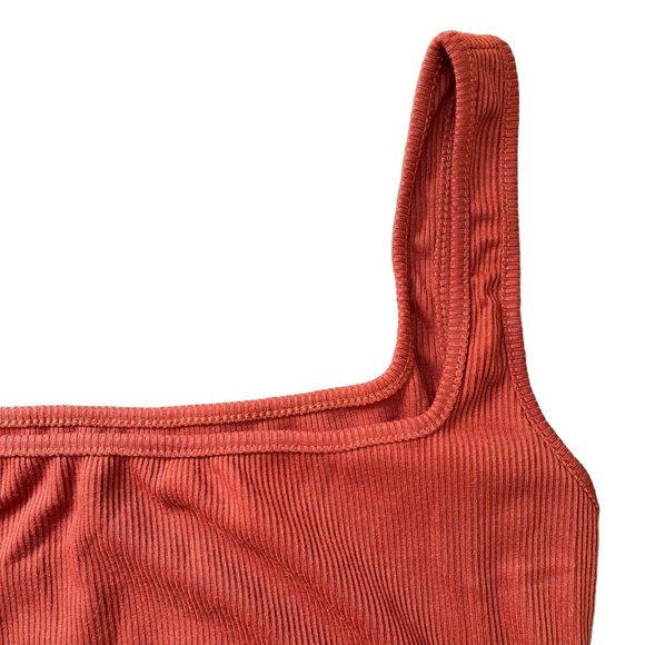 Womens Ribbed Slip Midi Dress Large L Brown Wide Straps Sleeveless Stretch - Picture 5 of 11